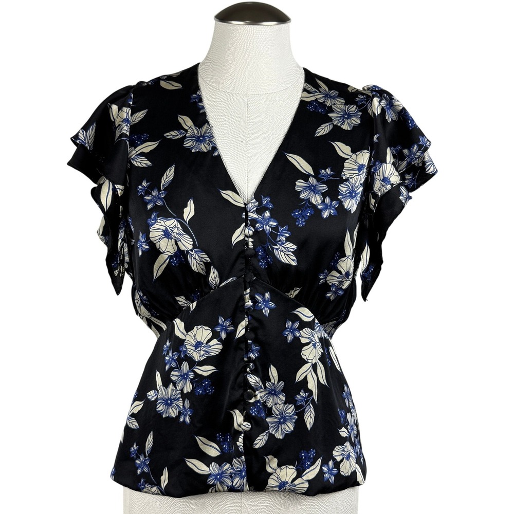 Veronica Beard Women's‎ Polly Floral Blouse 4 Black Blue Ivory Ruffle Sleeve Top